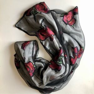 Silk Grey Scarf with Rose Pattern